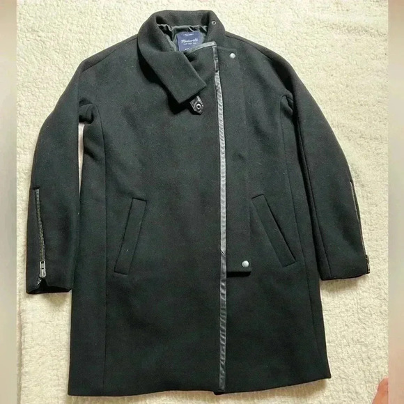 Madewell City Grid Coat Asymmetrical zipper Wool Blend Coat Size 00 BLACK - Picture 2 of 7